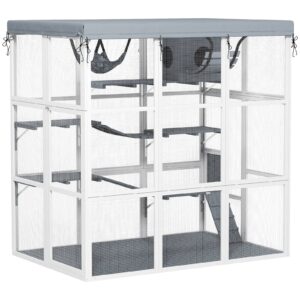 Large Outdoor Catio Cat Enclosure With Hammock, Condo,Platforms, Ladders, Ramps, Tarp, For 2-4 Large Cats, Gray