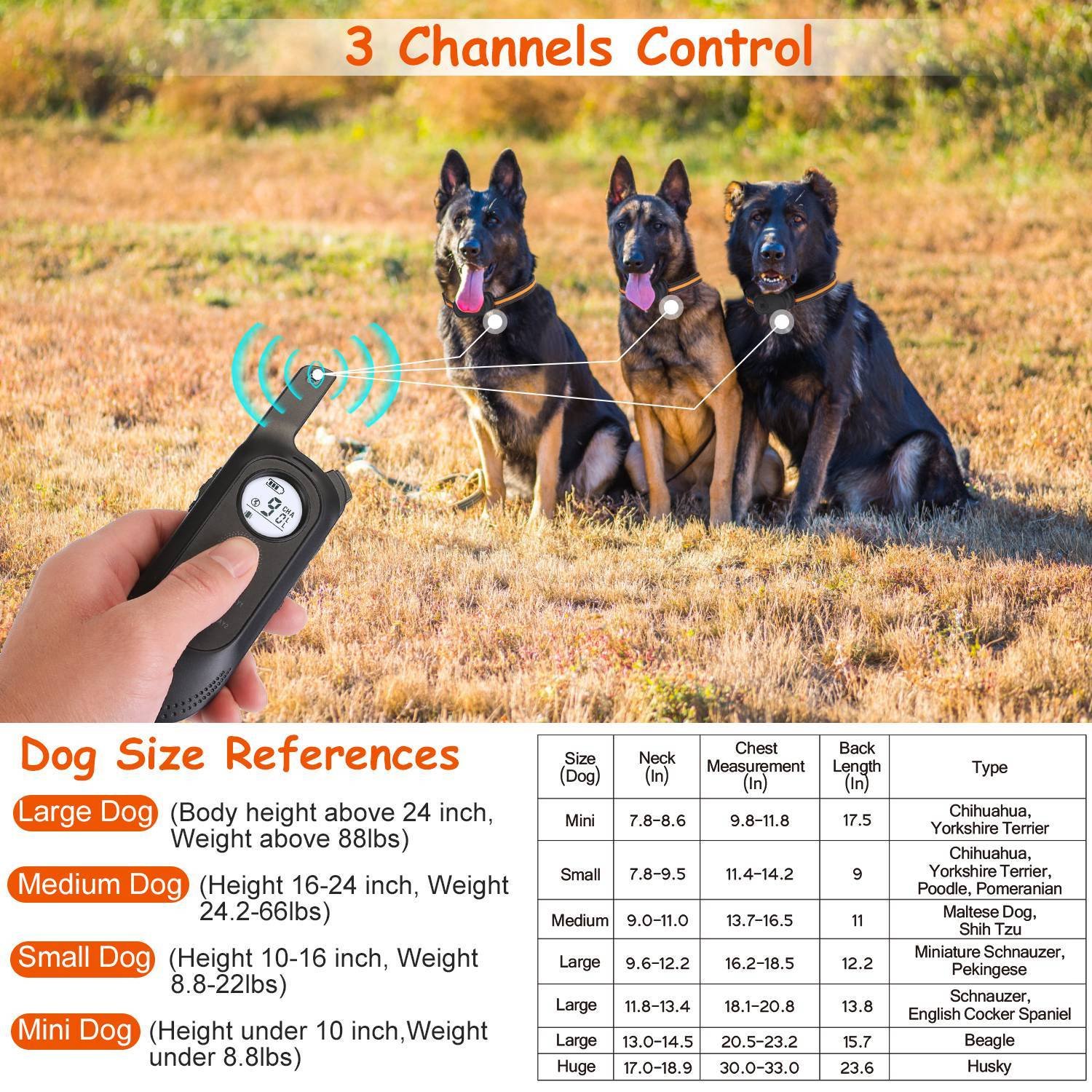 1Pc 984FT Dog Training Collar IP65 Waterproof Pet Beep Vibration Electric Shock Collar 3 Channels Rechargeable Transmitter Receiver Trainer With Recording Safety Keypad Lock - Image 8