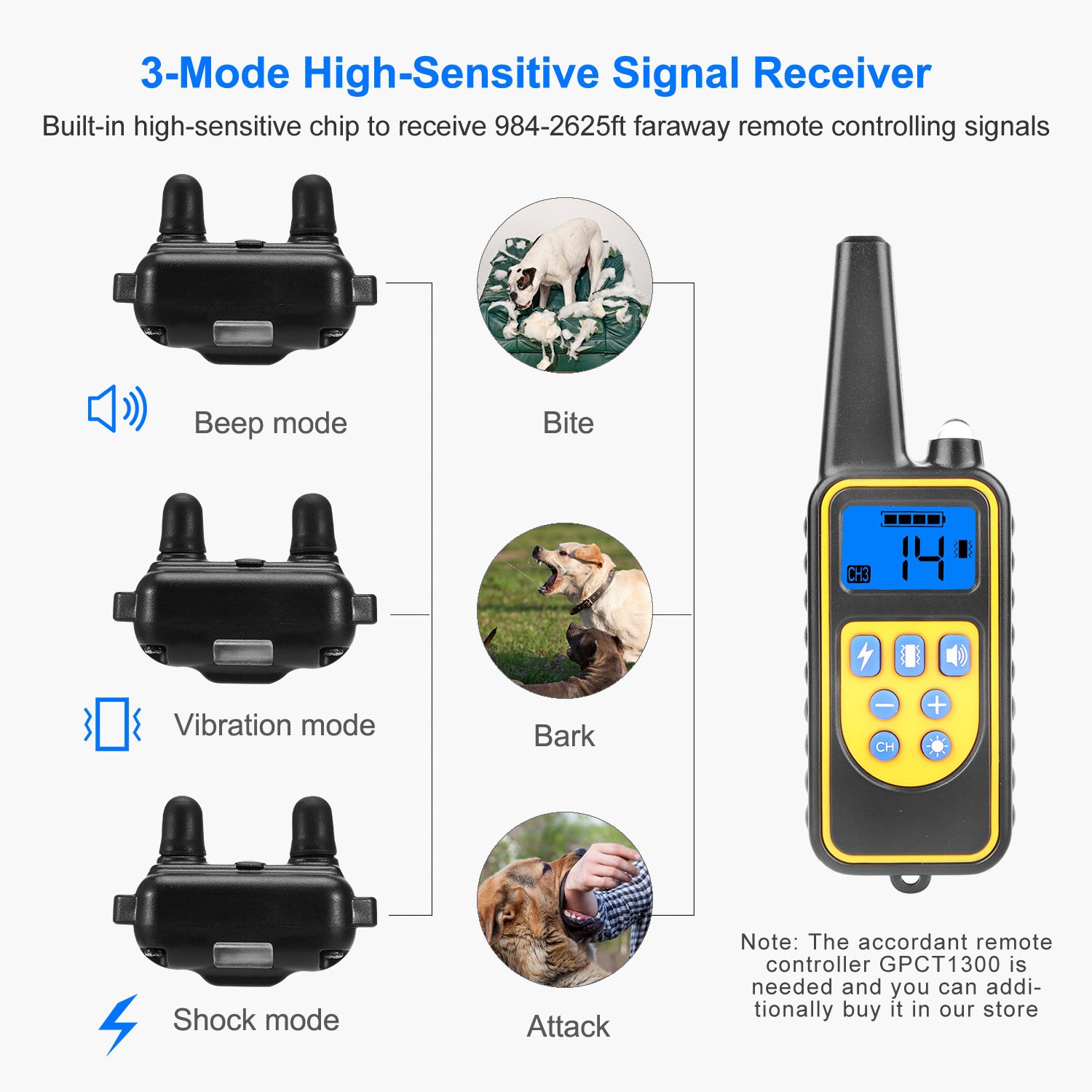 1Pc Dog Training Collar With Remote IP67 Waterproof Pet Trainer 300mAh Rechargeable 875 Yard Remote Control 4 Modes Adjustable Level - Image 6